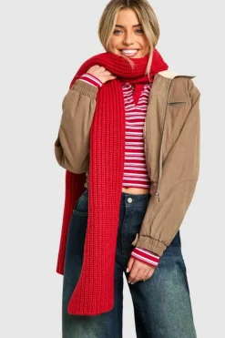 Hats & Gloves|Hats & Gloves*boohoo Chunky Ribbed Knit Long Scarf red