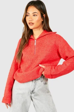 Oversized Jumpers*boohoo Chunky Soft Knit Half Zip Jumper tomato