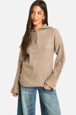 Jumpers|Jumpers & Cardigans*boohoo Chunky Soft Knit Half Zip Jumper taupe