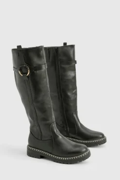 Over The Knee Boots|Chunky Boots*boohoo Chunky Sole Harness Detail Knee High Boots black