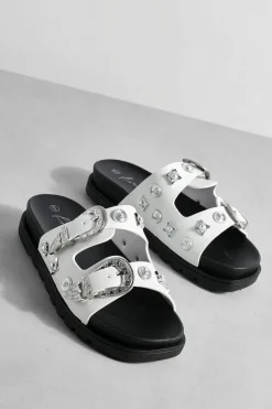 Flats|Sandals*boohoo Chunky Western Metal Trim Footbed Slider white