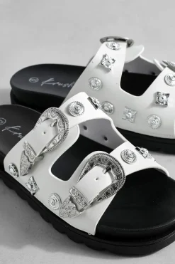 Flats|Sandals*boohoo Chunky Western Metal Trim Footbed Slider white