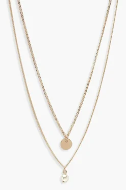 Necklaces*boohoo Circle & Pearl Simple Layered Necklace gold