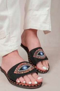 Sandals*Where's That From Cleanse' Flat Sandals With Beaded Eye Detailing Black
