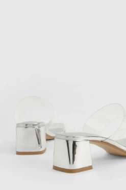 Heels*boohoo Clear Strap Low Block Heeled Mules silver