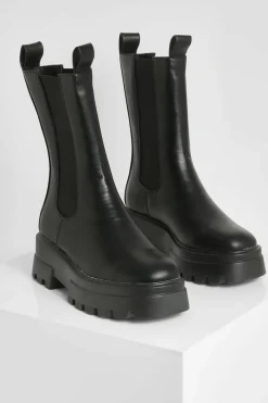 Calf High Boots|All Boots*boohoo Cleated Sole Calf High Chelsea Boots black