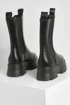 Calf High Boots|All Boots*boohoo Cleated Sole Calf High Chelsea Boots black
