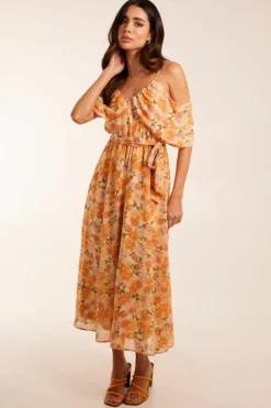 Midi Dresses*Blue Vanilla Cold Shoulder Detail Chiffon Midi Dress Peach