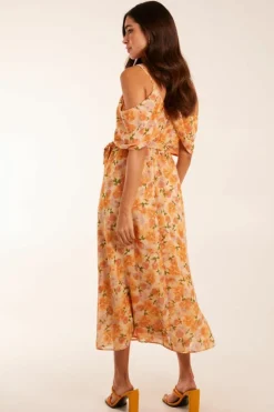 Midi Dresses*Blue Vanilla Cold Shoulder Detail Chiffon Midi Dress Peach