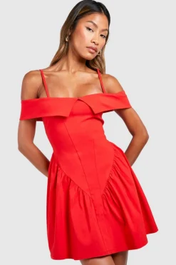 Skater Dresses*boohoo Cold Shoulder Milkmaid Mini Dress red