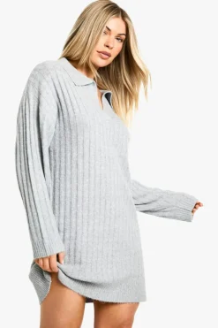 Jumper Dresses|Jumper Dresses*boohoo Collar Detail Cosy Knitted Jumper Dress grey marl