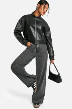 Up To 80% Off Winter Warmers|Bomber Jackets*boohoo Collar Detail Faux Leather Bomber Jacket black