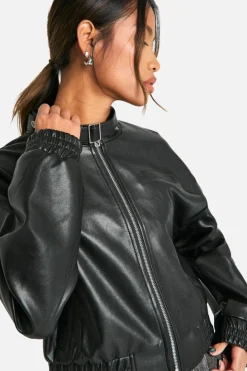 Up To 80% Off Winter Warmers|Bomber Jackets*boohoo Collar Detail Faux Leather Bomber Jacket black