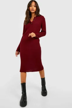 Jumper Dresses|Jumper Dresses*boohoo Collared Knitted Maxi Dress berry