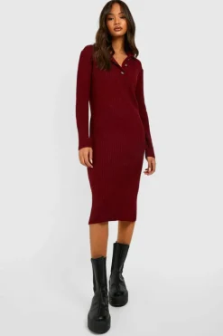 Jumper Dresses|Jumper Dresses*boohoo Collared Knitted Maxi Dress berry