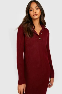 Jumper Dresses|Jumper Dresses*boohoo Collared Knitted Maxi Dress berry