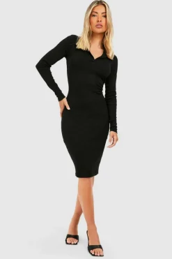 Midi Dresses|Boohoo Basics*boohoo Collared Long Sleeve Midi Dress black