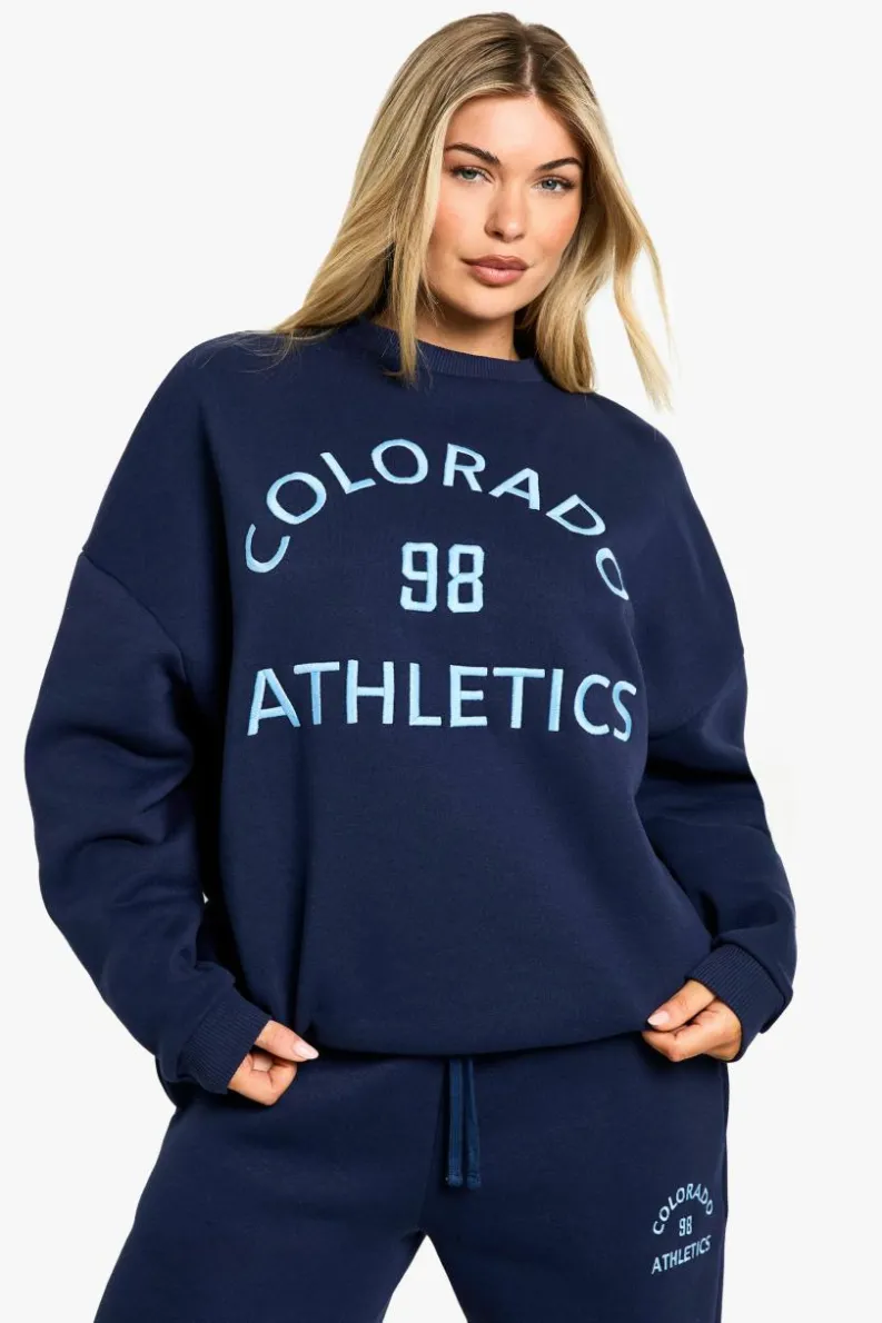 Sweatshirts|Hoodies & Sweatshirts*boohoo Colorado Athletics Embroidered Crew Neck Oversized Sweatshirt navy