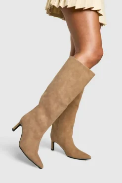 Over The Knee Boots|Knee High Boots*boohoo Column Nubuck Low Heel Knee High Boots taupe