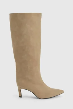 Over The Knee Boots|Knee High Boots*boohoo Column Nubuck Low Heel Knee High Boots taupe