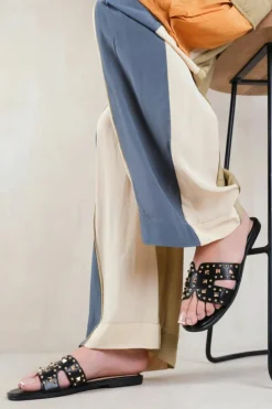 Sandals*Where's That From Commet' Cut Out Strap Flat Sandals With Diamante Detail Black