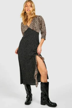 Midi Dresses*boohoo Contrast Animal Puff Sleeve Midi Dress black