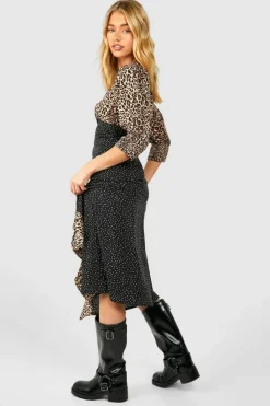 Midi Dresses*boohoo Contrast Animal Puff Sleeve Midi Dress black