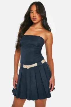 Skater Dresses*boohoo Contrast Belt Bandeau Pleated Mini Dress navy