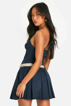 Skater Dresses*boohoo Contrast Belt Bandeau Pleated Mini Dress navy