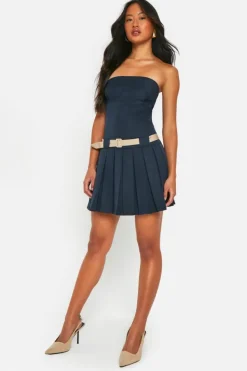 Skater Dresses*boohoo Contrast Belt Bandeau Pleated Mini Dress navy