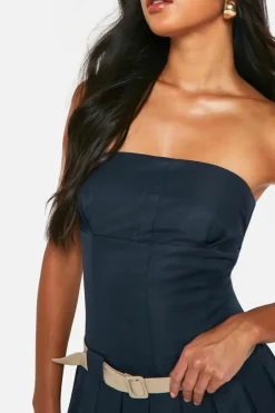 Skater Dresses*boohoo Contrast Belt Bandeau Pleated Mini Dress navy