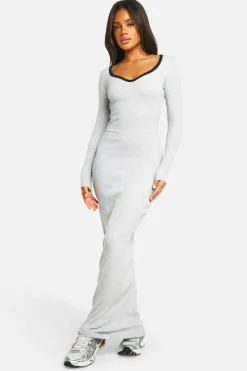 Bodycon Dresses*boohoo Contrast Binding Notch Detail Maxi Dress grey marl