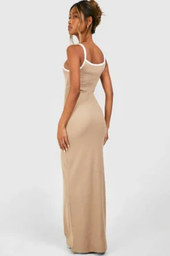 Bodycon Dresses|Maxi Dresses*boohoo Contrast Binding Notch Neck Maxi Dress chocolate