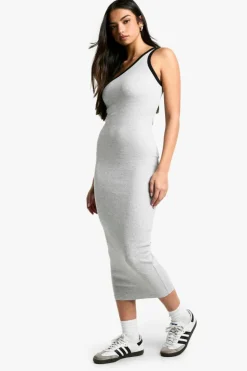 Bodycon Dresses*boohoo Contrast Binding One Shoulder Midaxi Dress grey marl