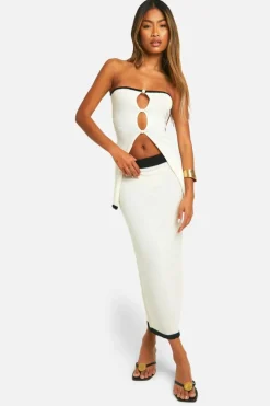 Knitted Co-Ords|Bottoms*boohoo Contrast Binding Towelling Bandeau Top And Skirt Knitted Set ivory