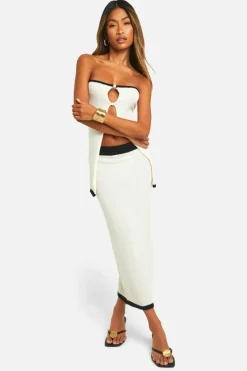 Knitted Co-Ords|Bottoms*boohoo Contrast Binding Towelling Bandeau Top And Skirt Knitted Set ivory