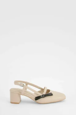 Ballet Flats|Flats*boohoo Contrast Bow Detail Low Block Heel Slingback Ballets nude