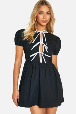 Smock Dresses*boohoo Contrast Bow Front Mini Smock Dress black