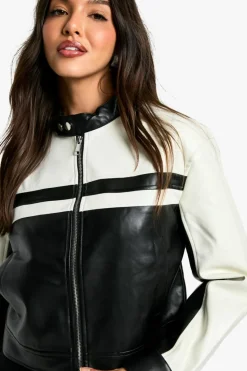 Up To 80% Off Winter Warmers|Biker Jackets*boohoo Contrast Detail Faux Leather Moto Jacket black