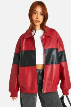 Up To 80% Off Winter Warmers|Bomber Jackets*boohoo Contrast Detail Oversized Faux Leather Bomber Jacket red