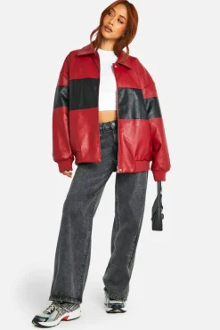 Up To 80% Off Winter Warmers|Bomber Jackets*boohoo Contrast Detail Oversized Faux Leather Bomber Jacket red