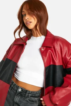 Up To 80% Off Winter Warmers|Bomber Jackets*boohoo Contrast Detail Oversized Faux Leather Bomber Jacket red
