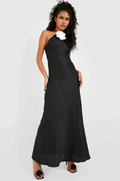 Cami Dresses*boohoo Contrast Flower Satin Slip Dress black