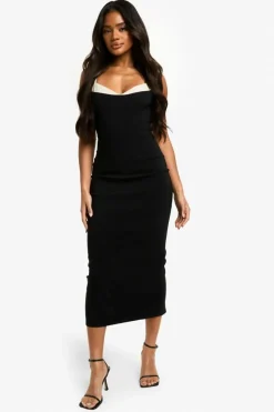 Bodycon Dresses|Mini Dresses*boohoo Contrast Insert Bengaline Midaxi Dress black
