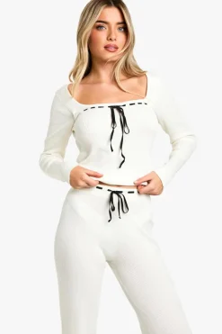 Knitted Co-Ords|Knitwear*boohoo Contrast Lace Up Detail Rib Knit Co-ord ivory