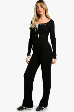 Knitted Co-Ords|Knitwear*boohoo Contrast Lace Up Detail Rib Knit Co-ord black