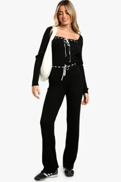 Knitted Co-Ords|Knitwear*boohoo Contrast Lace Up Detail Rib Knit Co-ord black