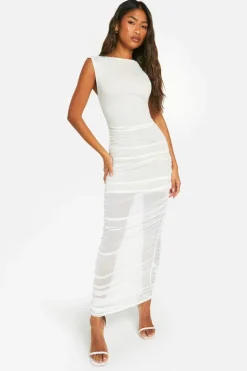 Midi Dresses*boohoo Contrast Mesh Rouched Midi Dress white