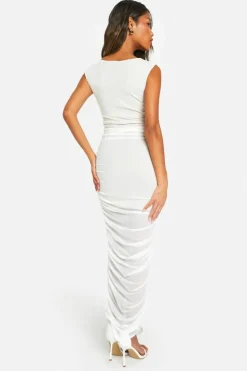 Midi Dresses*boohoo Contrast Mesh Rouched Midi Dress white