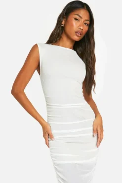 Midi Dresses*boohoo Contrast Mesh Rouched Midi Dress white